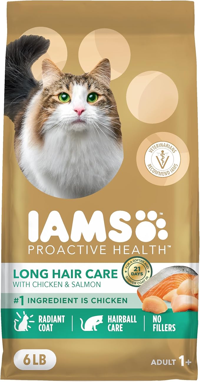 IAMS Proactive Health Long Hair Care Adult Dry Cat Food with Real Chicken & Salmon, 6 lb. Bag