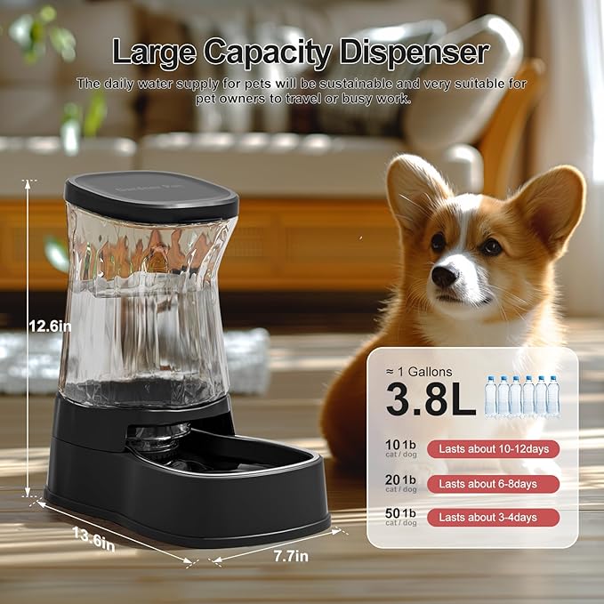 Gardner Pet Automatic Dog Water Dispenser Gravity Stainless Steel Water Waterer Feeder, 100% BPA-Free Large Capacity Water Feeding Bowls for Medium & Large-Sized Dogs Cats Other Pets -(1 Gallon)