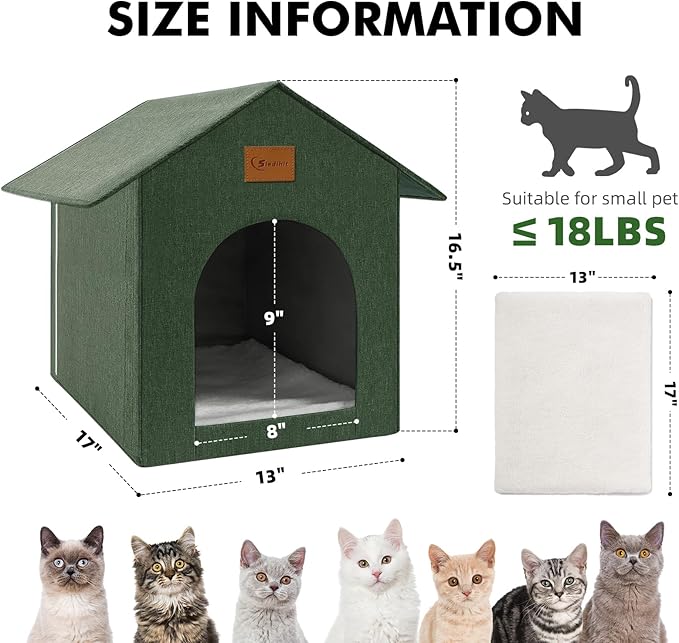 Outdoor Cat House Feral Cat Shelter,Outside Waterproof Cat House for Outdoor/Indoor Cats, Insulated Cat Bed for All Seasons with Cozy Cushion Easy to Assemble Olive Green
