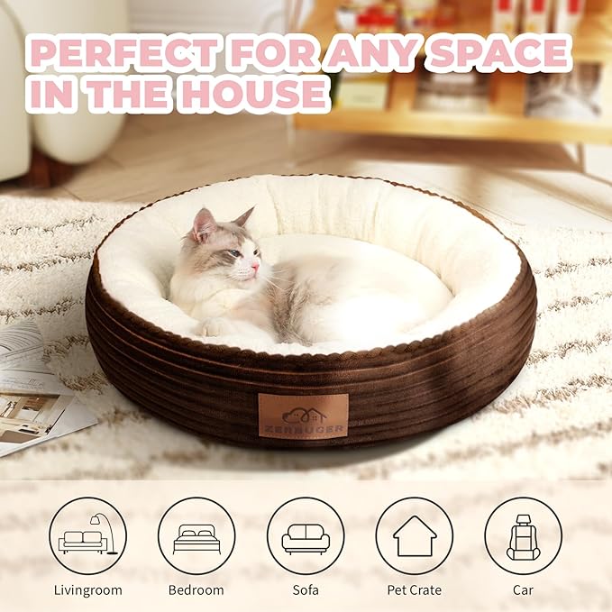 Dog Bed for Small Dogs, Washable Dog Bed, Round Donut Pet Bed for Puppy and Kitty, Extra Soft Calming Dog Beds with Anti-Slip Bottom, 23 Inches, Brown