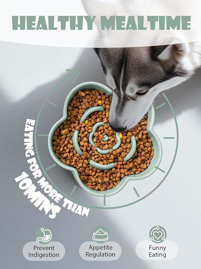 Ceramic Slow Feeder Dog/Cat Bowl, Anti-Choking Food Bowl, 8" 11.3oz for Medium, Large Breeds, Plum Puzzle Design, Non-Slip Silicone, Dishwasher and Microwave Safe, Green