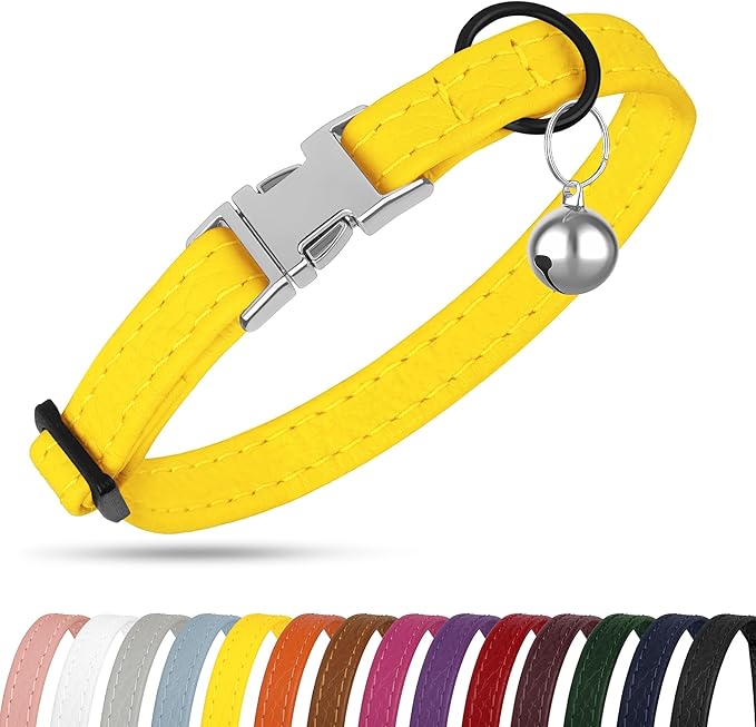 Leather Cat Collar with Buckle and Removable Bell - Non Breakaway Adjustable Soft Safety Small Pet Collars for Girl Boy Cats Kitten (Yellow)