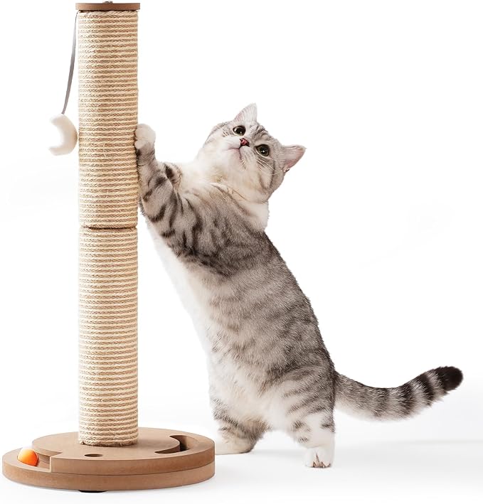 Mewoo Cat Scratching Post, 25'' Tall Cat Scratching Posts with Kitten Toys Cat Ball Track, 3-in-1 Scratch Posts for Indoor Cats, Natural Sisal Cat Scratcher Interactive Toy with Dangling Balls