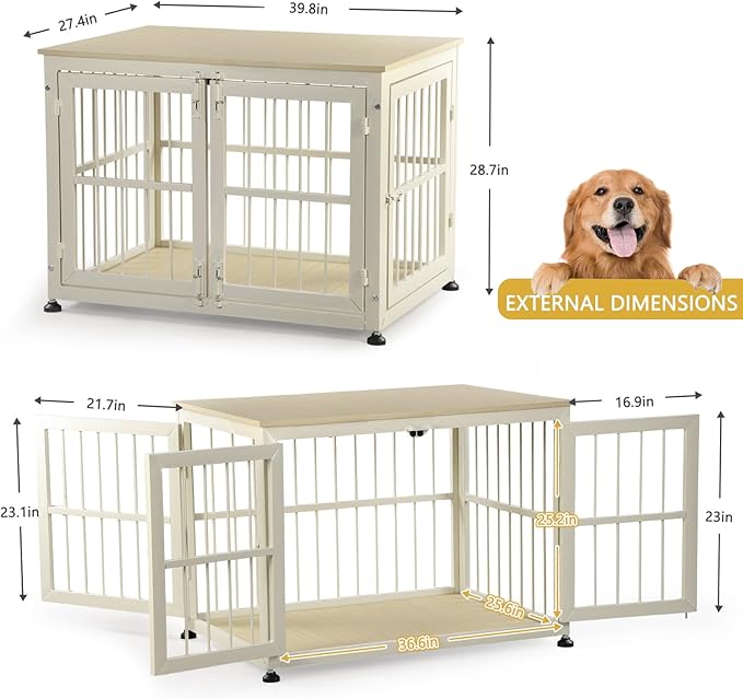 40 Inch Dog Crate Furniture for Large Medium Dogs, Wooden Heavy Duty Dog Kennel with Double Doors, Decorative Pet House Dog Cage Side End Table Indoor, Pet Cage Dog House, Beige