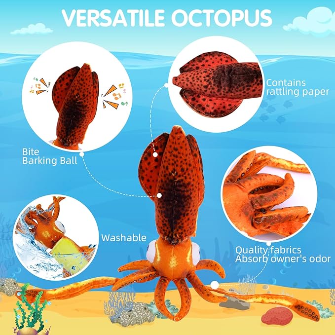 Cuttlefish Plush Dog Toy, Squeaky Toys for Large Dogs, Cute & Durable Dog Chew Toy, Ocean Animals Themed Indestructible Plush Toys Interactive, Simulation Squid for Small, Medium, Large Dogs