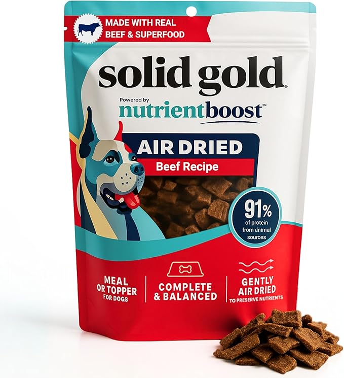 Solid Gold Air Dried Dog Food Toppers for Dry Food - Healthy Dog Treats w/Real Beef & Superfoods - Serve as a Complete Meal, Topper or Treats - Supports Muscle Growth, Immunity & Digestion - 2lb