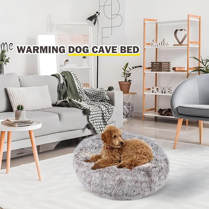 Cat Bed Calming Cat Beds,Indoor Washable Cat Bed，Anti-Slip Faux Fur Fluffy Cuddler Anxiety Cat Bed,Warming Cuddler Cushion Bed for Small Medium Dogs and Cats (Khaki, 24 * 24inch)