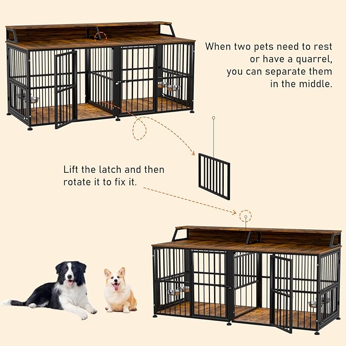 XXL Dog Crate Furniture for 2 Dogs, Extra Large Double Dog Cage Large Breed, Thick Wooden Dog Crate with Storage Rack, 72 Inch Double Dogs House Sturdy Dog Kennel with Removable Divider