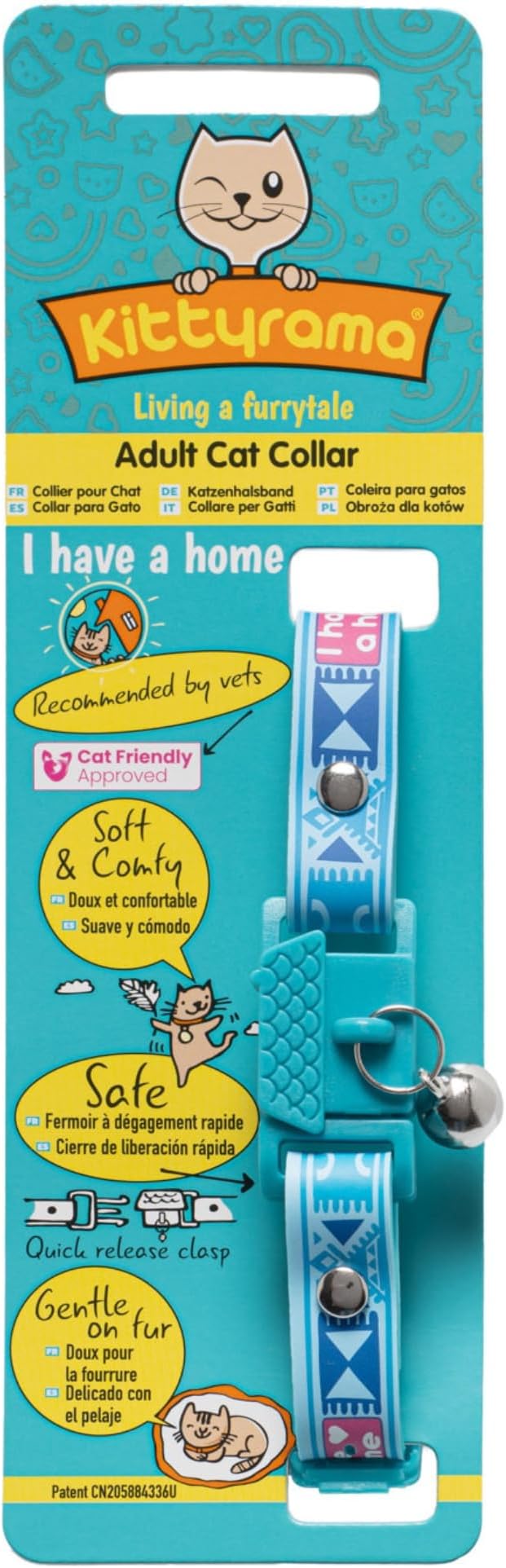 New Kittyrama -I Have A Home- Cat Collar with Bell. Breakaway, Quick Release, Hypoallergenic, Vet Approved. Lightweight Kitten Collar. As Seen in Vogue. Soft & Comfy. River