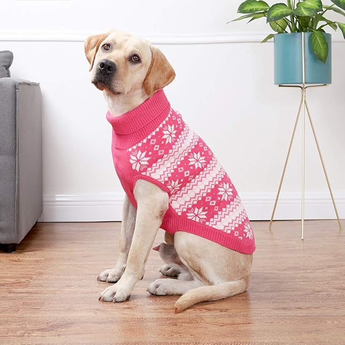 KOOLTAIL Cable Knit Dog Sweater Turtleneck, Cold Weather Pullover Classic Knitwear, Snowflake Pattern Thick Warm Winter Pet Clothes, Dog Christmas Sweater for Small Medium Large Dogs Girl, Pink L