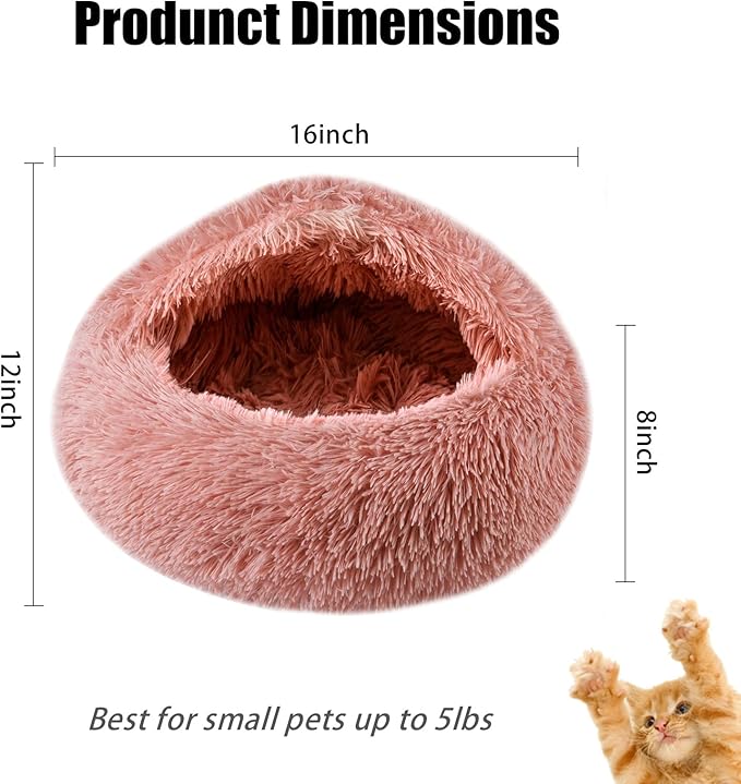 Calming Dog Beds & Cat Cave Bed with Hooded Cover,Washable Round Beds for Small Medium Pets,Anti-Slip Faux Fur Fluffy Coved Bed,Comfortable Warming Pet Bed(16 * 16inch,Leather Pink)