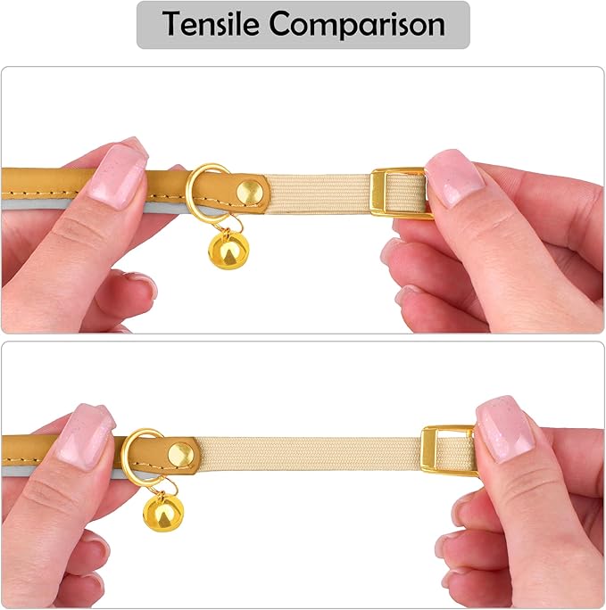 OOPSDOGGY Rolled Leather Cat Collar with Bell - Reflective Kitten Collar with Safety Elastic Strap - Adjustable Small Pet Collars for Boy Girl Cats (Camel)