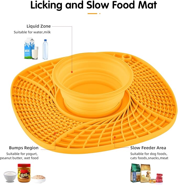 Lick Mat for Small Dogs and Cats with Suction Cups, Silicone Slow Feeder Lick Pad with Collapsible Bowl for Anxiety Relief, Pet Puzzle Treat Mat for Bathing Grooming Trimming (Yellow)