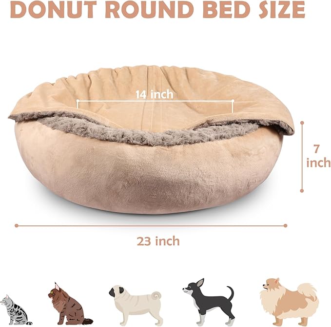 JOEJOY Small Dog Bed Cat Bed with Hooded Blanket, Cozy Cuddler Luxury Puppy Pet Bed, Donut Round Calming Anti-Anxiety Dog Burrow Cave Bed - Anti-Slip Bottom and Machine Washable 23 inch