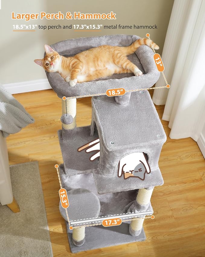 PETEPELA 45.7" Cat Tree for Indoor Cats, 5-Level Cat Tower for Large Cats with Metal Frame Large Hammock (17.3"x15.3"), Cat Condo with (18.5"x13") Big Top Perch & 4 Sisal Covered Scratching Post Grey
