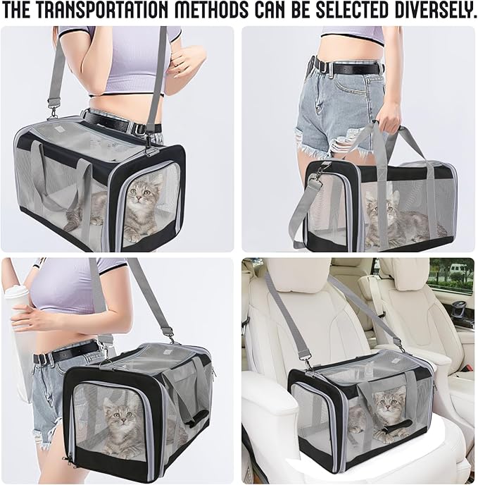 Pet Carrier for Large Cats of 20 Lbs, Collapsible Carrier Bag for Big Cat or 2 Kittens,Soft Sided Puppy Carrier with Sturdy Travel Transport Strap, Adequate Ventilation, 4 Mesh Windows (Black)