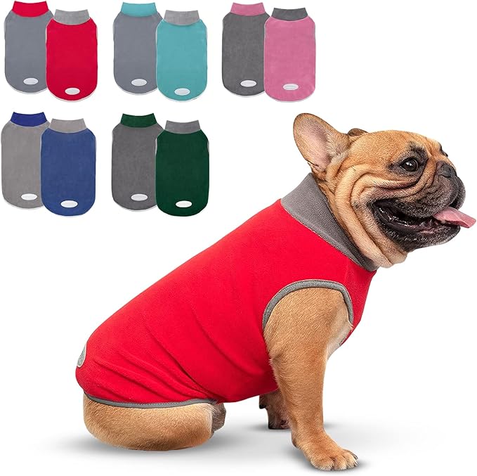 cyeollo 2 Pack Dog Sweater Small Dog Fleece Sweatshirt Reflective Pullover Stretchy Dogs Jacket Lightweight Vest Pet Clothes for Puppy, Grey & Red