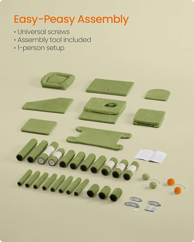 Feandrea Cat Tree, 61-Inch Cat Tower for Indoor Cats, Plush Multi-Level Cat Condo with 5 Scratching Posts, 2 Perches, 2 Caves, Hammock, 2 Pompoms, Grass Green UPCT192C02