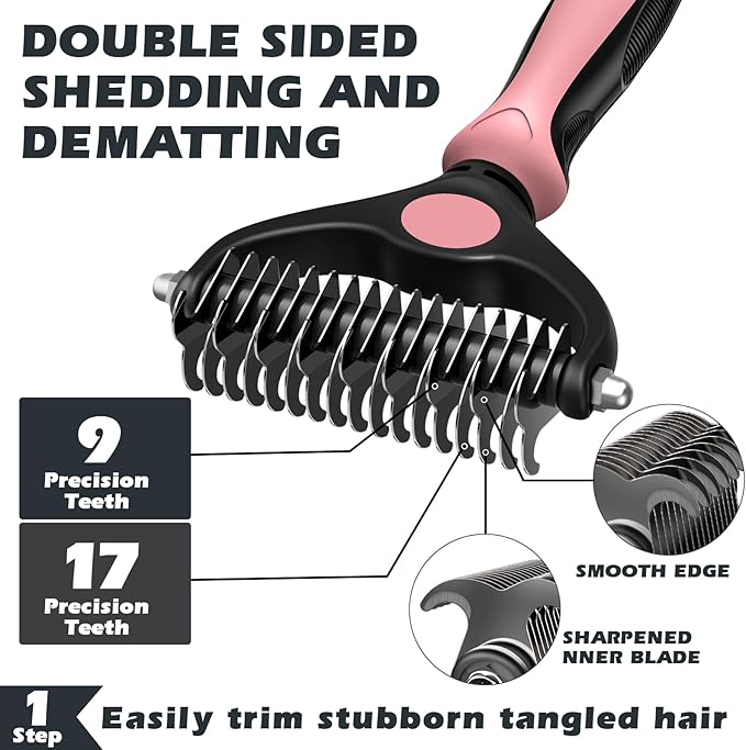 3PCS Self Cleaning Slicker Brush & Pet Grooming Rake & Bath Brush for Dogs ,Cats and Horses | Double-Sided Dematting Comb & Skin Friendly Deshedding Grooming Tool | Pet Supplies (Light Pink Black)