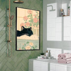 Relaxation Japanese Poster Print Cute Black Cat Wall Art Decor Bathtub Pink Flowers and Green Leaves Picture Canvas Minimalist Japan Artwork for Bathroom Bedroom Toilet 12x16inch Metal Black Frame