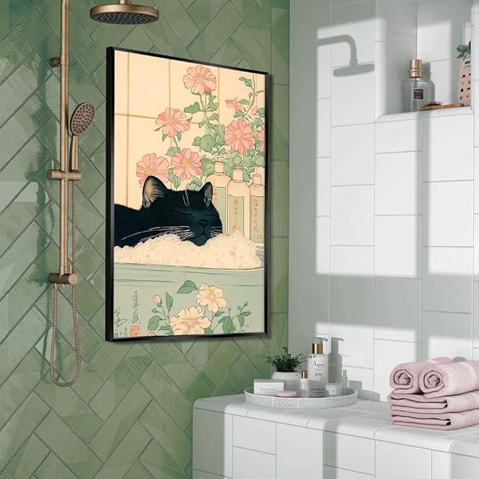 Relaxation Japanese Poster Print Cute Black Cat Wall Art Decor Bathtub Pink Flowers and Green Leaves Picture Canvas Minimalist Japan Artwork for Bathroom Bedroom Toilet 16x24inch Metal Black Frame