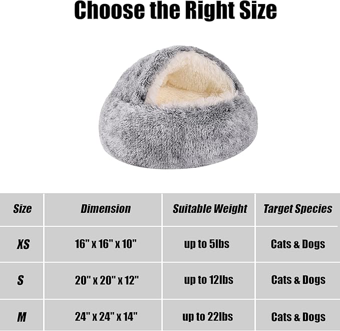 HYQ Small Dog Bed with Cover Cave, Cat Beds for Indoor Cats Washable, Cozy Cat Cave Bed, Round Puppy Bed with Hooded Cover, Dog Beds for Small Dogs with Anti-Slip Bottom (Grey, 20×20 Inch)