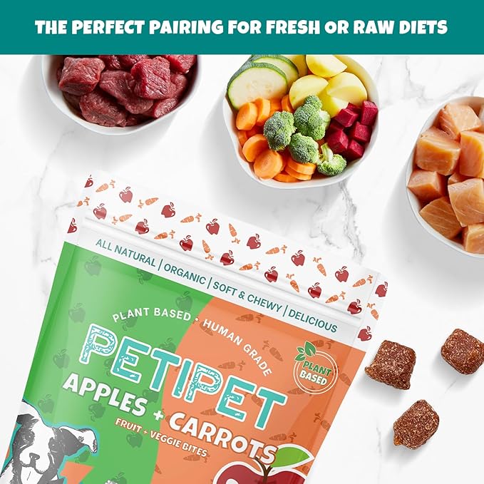 Apples+Carrots Plant-Based Fruit Dog Treats - Carrot and Apple Soft & Chewy - Healthy Vegetarian, Vegan Dog Treats with Organic Ingredients - Low-Protein, Hypoallergenic, Gluten-Free