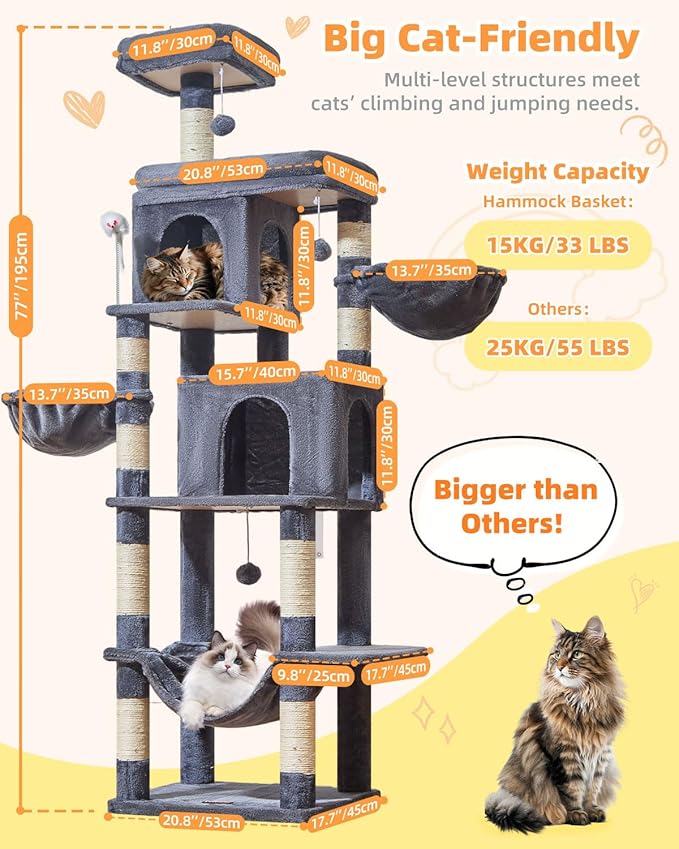 Taoqimiao Cat Tree, 77-Inch Cat Tower for Large Cats Multi-Level Cat Condos for Indoor Cats with 2 Condos, Extra-Lagre Platform, 2 Hanging Baskets, Hammock, 8 Scratching Posts, MS044G Smoke Gray