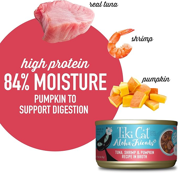 Tiki Cat Aloha Friends, Tuna, Shrimp & Pumpkin, Grain-Free & High Moisture, Wet Cat Food for All Life Stages 3 oz. Cans (Pack of 12)