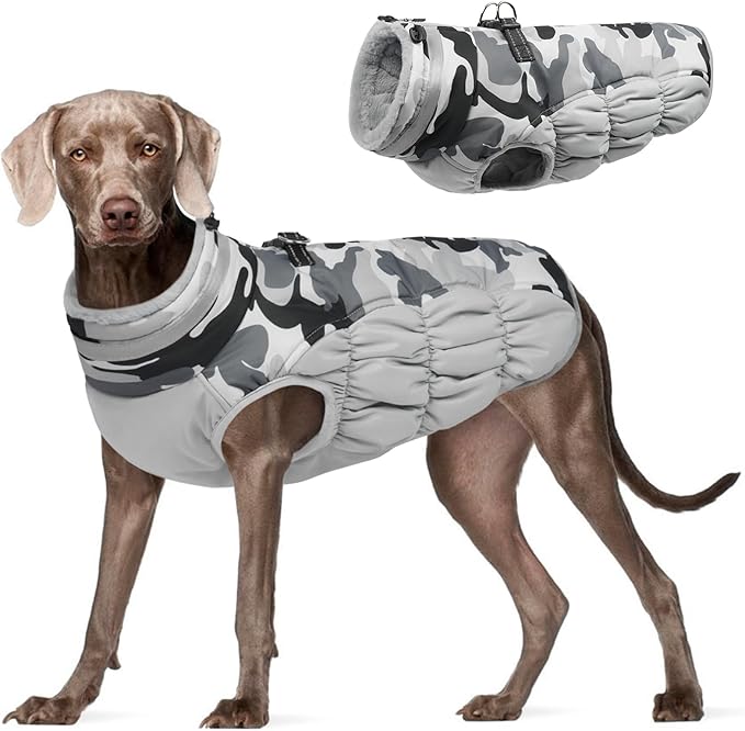 FUAMEY Dog Coat for Large Dogs,Waterproof Dog Winter Jacket with Harness Built in Puppy Cold Weather Coats Reflective Pet Vest with Zipper Warm Fleece Dogs Snowsuit Windproof Grey Camo L