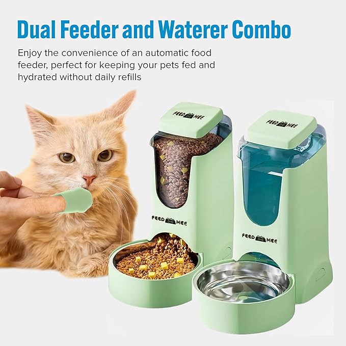 Automatic Cat Feeder Dog Water Bowl Dispenser – 2-Pack Automatic Dog Feeder with Silicone Mat, Pet Toothbrush – Safe Non-BPA Materials – Large Capacity for Small and Medium Animals Green
