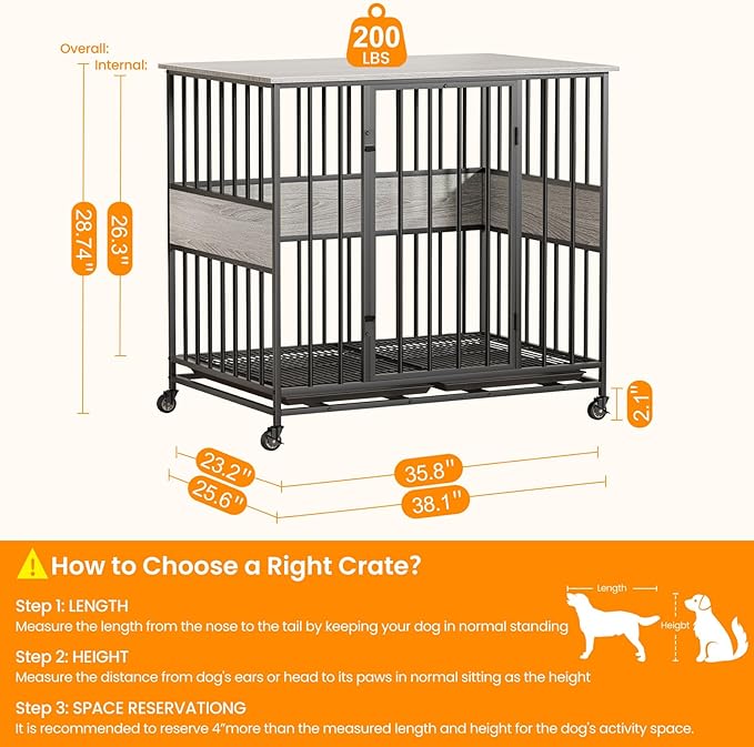 Dog Crate Furniture for Medium Dogs, 38 Inch Indoor Medium Kennel, Wooden Pet Cage Decorative Corner End Table with Caster Wheels & Double Removable Tray, Greige