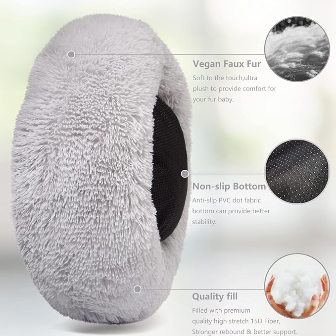 Extra Small Dog Bed Cute Grey Dog Bed Washable 19 inches Donut Fluffy Small Pet Beds,Calming Anti Anxiety Round Fits up to 10 lbs Soft Warm Pets Beds for Puppy Dogs Indoor