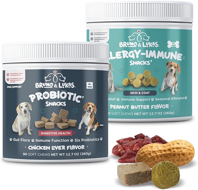 Dog Allergy Relief & Probiotic Chews - Omega 3 Salmon Oil for Itch and Shedding Control, Gut Health & Immune Support with Chicken Liver Flavor, for Skin Irritation & Digestive Health (90 Ct Each)