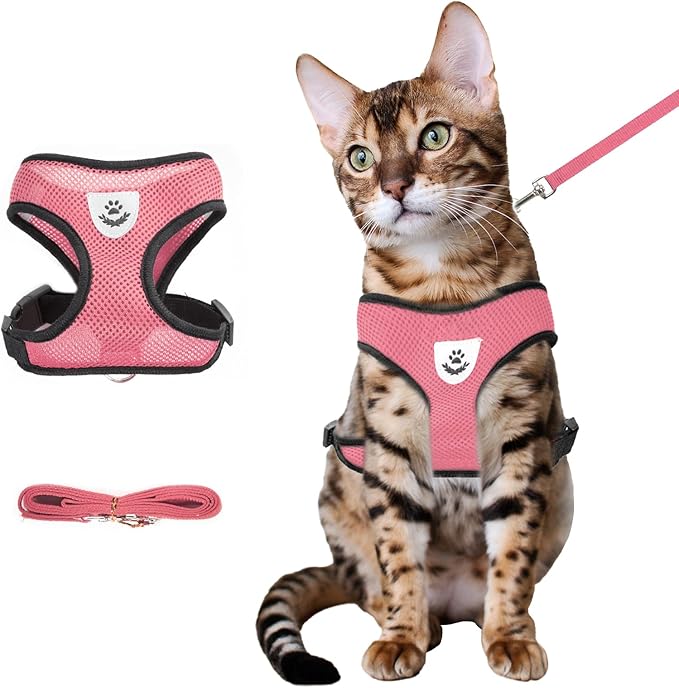 shudyear Summer cat Chest Harness and Leash, Anti-Escape Adjustable Soft mesh cat Leash and Chest Harness Set for All Types of Cats cat Vests(Size L,Pink)