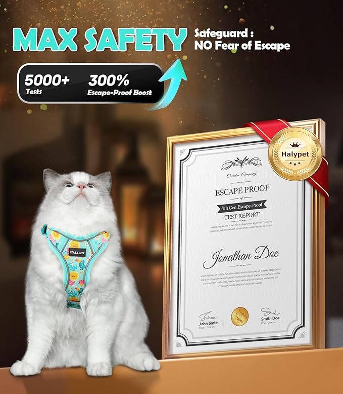 Halypet Cat Harness and Leash Set[MAX Safety 4th-Gen] Cute Escape Proof Vest Harness for Girl&Boy Cat Walking, Comfortable Adjustable Leash and Reflective Strips for Outdoor Kitten, S Green Tropics