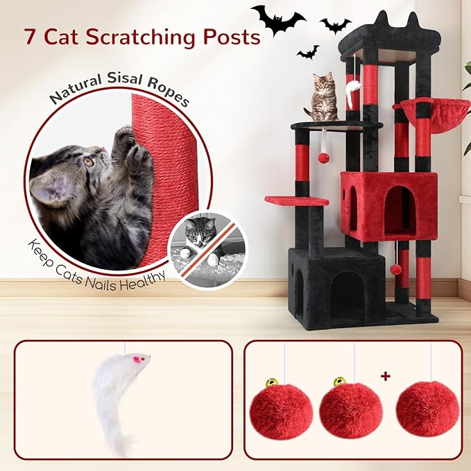 Globlazer Gothic Cat Tower for Indoor Cats, Heavy Duty Goth Cat Trees for Large Cats Adult Big Cats Maine Coon Cat Tree with Scratching Post, Extra Large Top Perch, Cat Condos, F61, Blood-Goth, 61inch