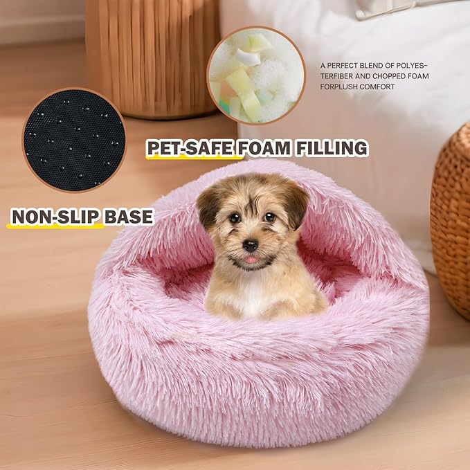 Cat Bed Calming Cat Beds,Indoor Washable Cat Bed，Anti-Slip Faux Fur Fluffy Cuddler Anxiety Cat Bed,Warming Cuddler Cushion Bed for Small Medium Dogs and Cats (Pale Pink, 20 * 20inch)