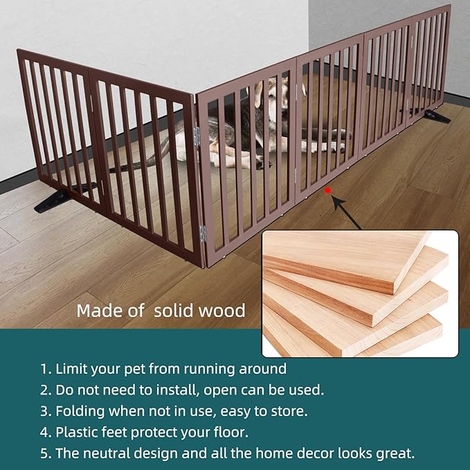 ZJSF Freestanding Indoor Dog Gate for House Foldable Wood Puppy Gate for Doorways Pet Gate for Stairs Extra Wide Pet Fence, Brown, 24" Height 6 Panels