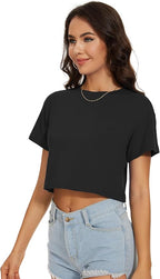 Womens Summer Crop Tops Short Sleeve Round Neck T-Shirts Loose Fit Casual Blouse