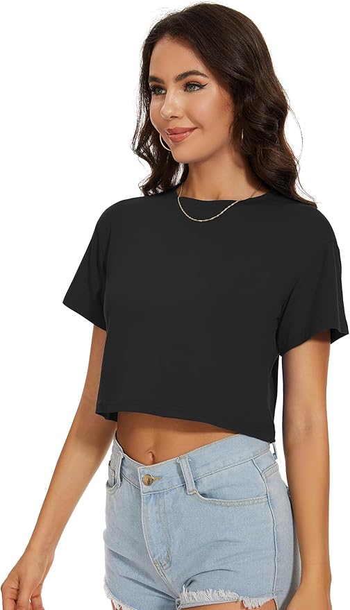 Womens Summer Crop Tops Short Sleeve Round Neck T-Shirts Loose Fit Casual Blouse