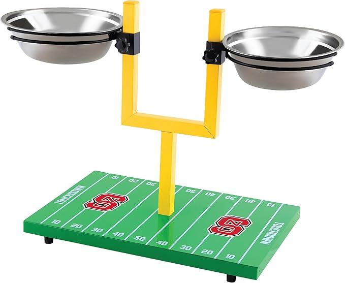 NCAA North Carolina State Wolfpack Goalpost Football Field Dog Feeder – Adjustable Elevated Dog Bowls with Stand, 2 Stainless Steel Bowls, Non-Slip Rubber Feet, Raised Pet Feeder for Large, Small Dogs