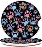 2 Pack Absorbent Car Coasters for Cup Holders,Gradient Black Dog paw Print Ceramic Coasters with Cork Back and Finger Slot,2.56" Auto Accessories for Women & Men.