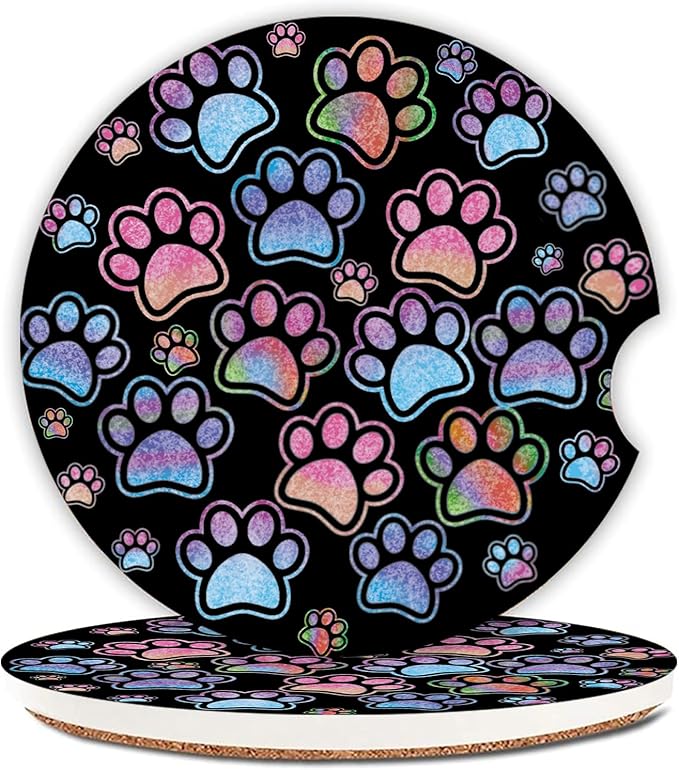 2 Pack Absorbent Car Coasters for Cup Holders,Gradient Black Dog paw Print Ceramic Coasters with Cork Back and Finger Slot,2.56" Auto Accessories for Women & Men.