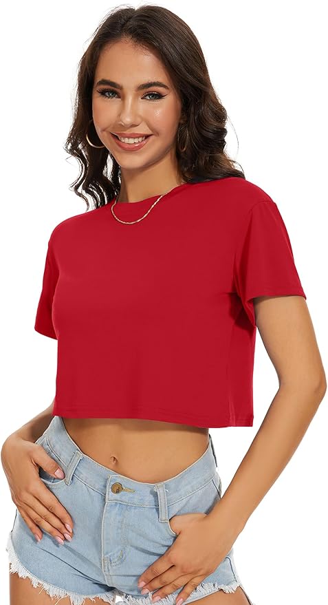 Womens Summer Crop Tops Short Sleeve Round Neck T-Shirts Loose Fit Casual Blouse