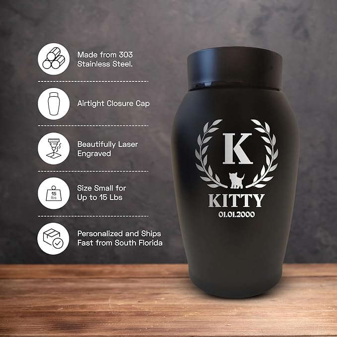 Personalized Custom Small Keepsake Urn Engraved with Pet Name, Date and Cat Design - 5.2" Black Cremation Urn for Cat Ashes | 12-16 lb Capacity, Monogram with Arch Leaves Border and Cat Silhouette
