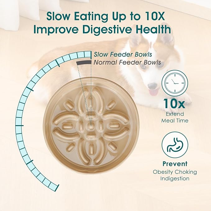 vancasso Ceramic Slow Feeder Dog Bowls, Puzzle Dog Food Bowls with Floral Maze, Anti -Slip Pet Food Dish for Medium Breed, 1.5 Cups, Brown