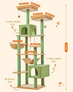 Taoqimiao Cat Tree, 71-Inch Cat Tree Cat Tower for Indoor Cats, Plush Multi-Level Cat Condo with 10 Scratching Posts, 2 Perches,Basket, 2 Caves,Hammock, 2 Pompoms,MS020T Cactus