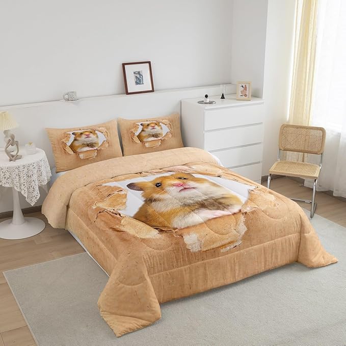 Erosebridal Hamster Comforter Set Twin Size Brown Mouse Bedding Set 3D Cute Animal Down Comforter Kawaii Pet Bedroom Decor Warm Soft Quilt Set for Kids Boys Girls Teens