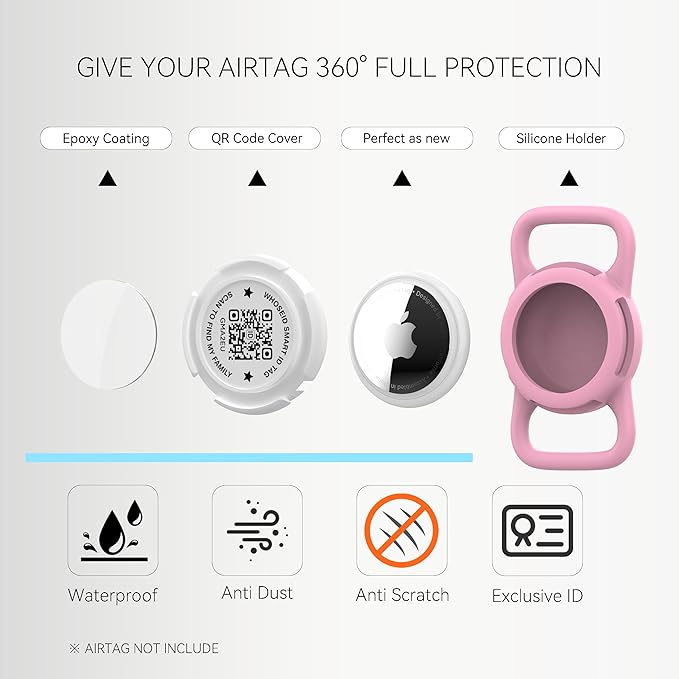 QR Code Airtag Holder, Scan QR Code Send Location Alert Email, Waterproof Full Body Protection Anti-Lost Air Tag Case, Airtag Accessories for Dog, Cats, Collar, Backpack (Pink, Regular)